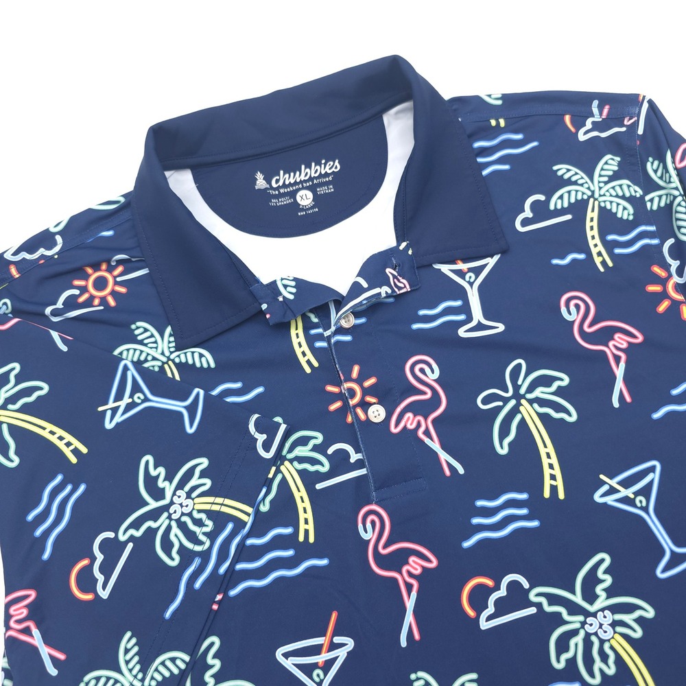 Chubbies Mens XL Neon Tropical Flamingo Palm Tree Performance Polo Navy Blue